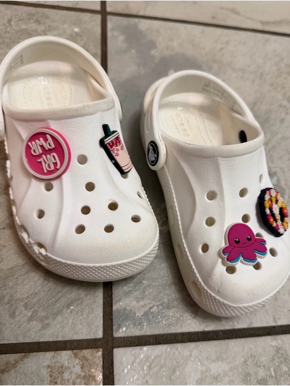 CROCS White Kids Clogs with Pink Octopus and Charm Buttons